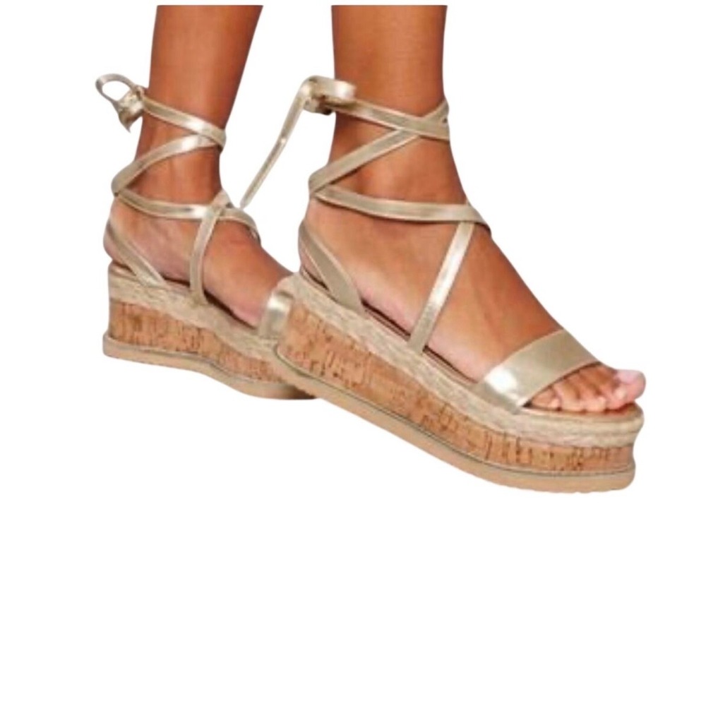 PrettyLittleThing Gold Espadrille Lace Up Platform Sandals Wedges Size 5 NEW